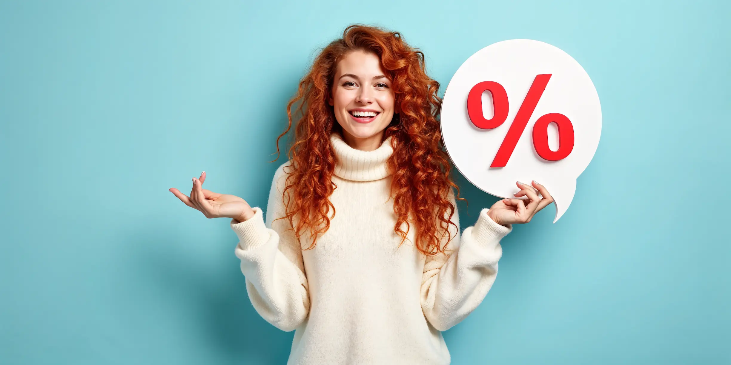 donna-sorridente-con-i-capelli-ricci-rossi-tiene-un-segno-percentuale-su-uno-sfondo-blu-chiaro